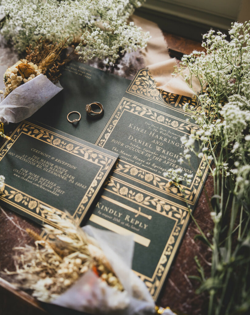 Invitations, floral details and wedding rings.