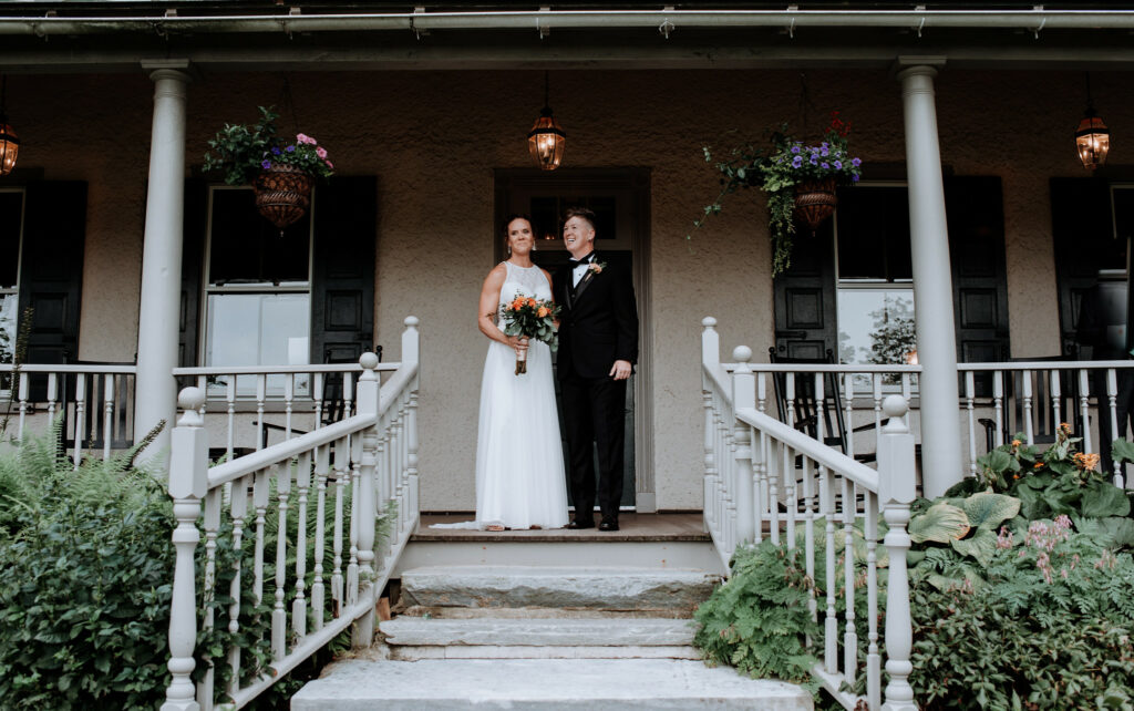 Newlyweds on the porch.