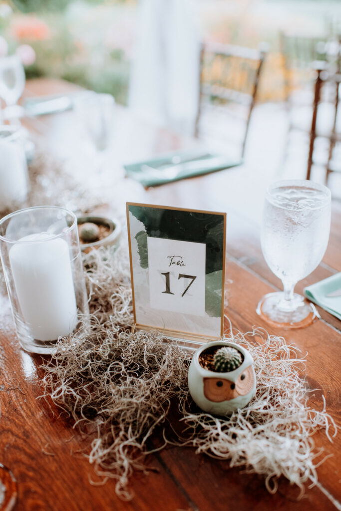 Minimal table decor with air plants, candles and table number.