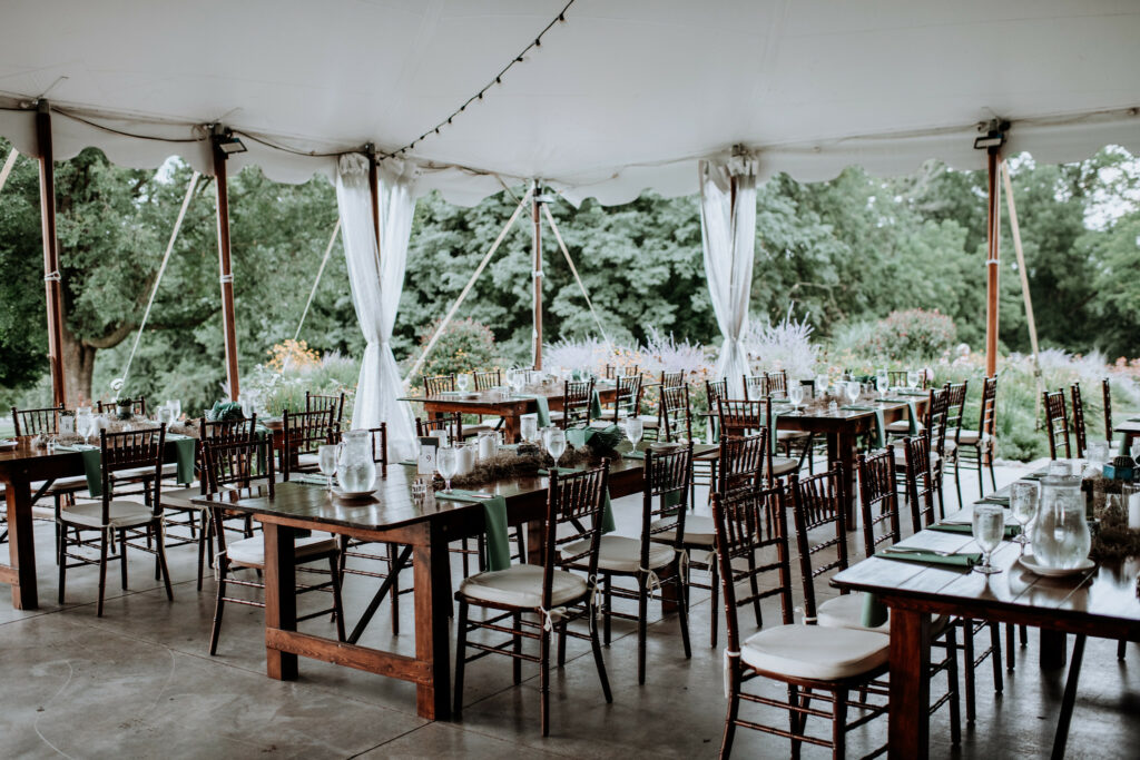 Reception tables under the tent.