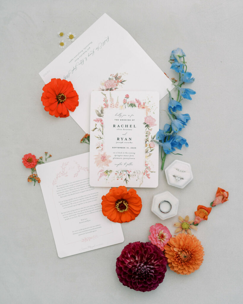 Invitation, rings, and floral details.