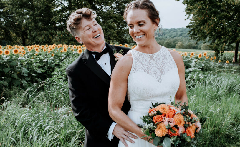 Wedding couple in sunflower field