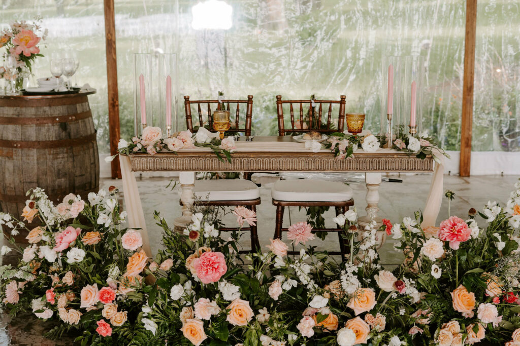 Sweetheart table with lush florals.