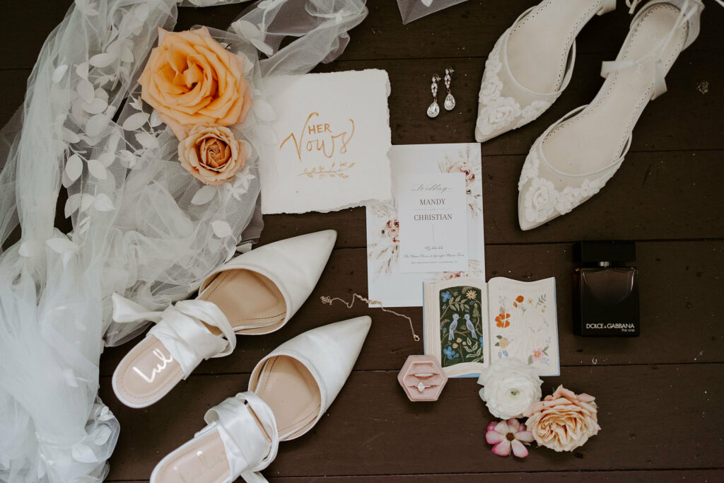 Invitation and brides shows with details.