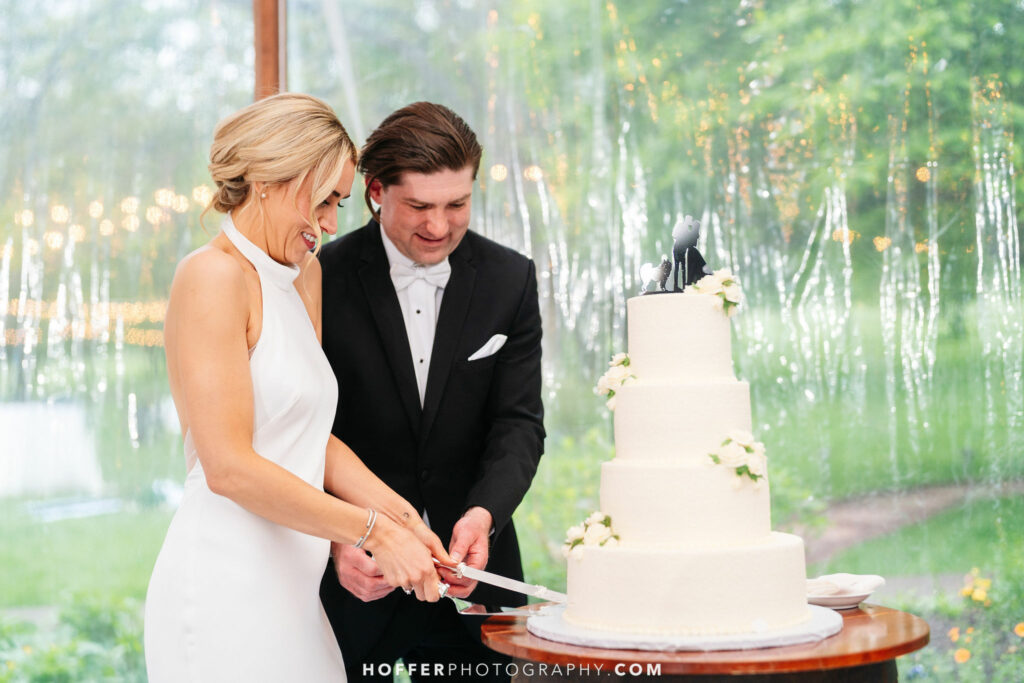 Newlyweds cutting cake.