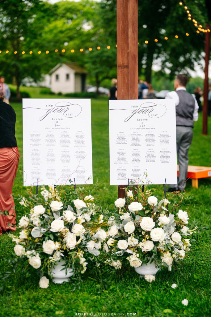 Receptions signs with guests names and table numbers.