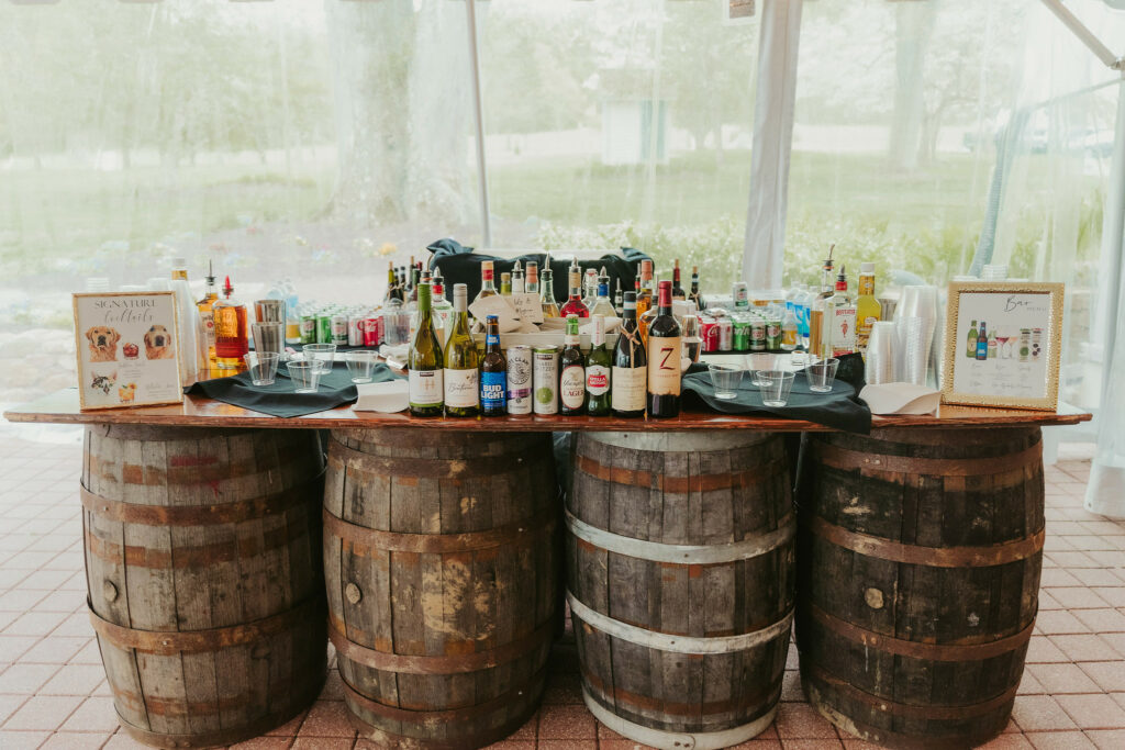 Bar set up on wine barrels.