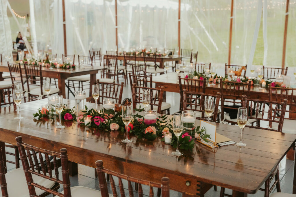 Tables with long and low floral decor.